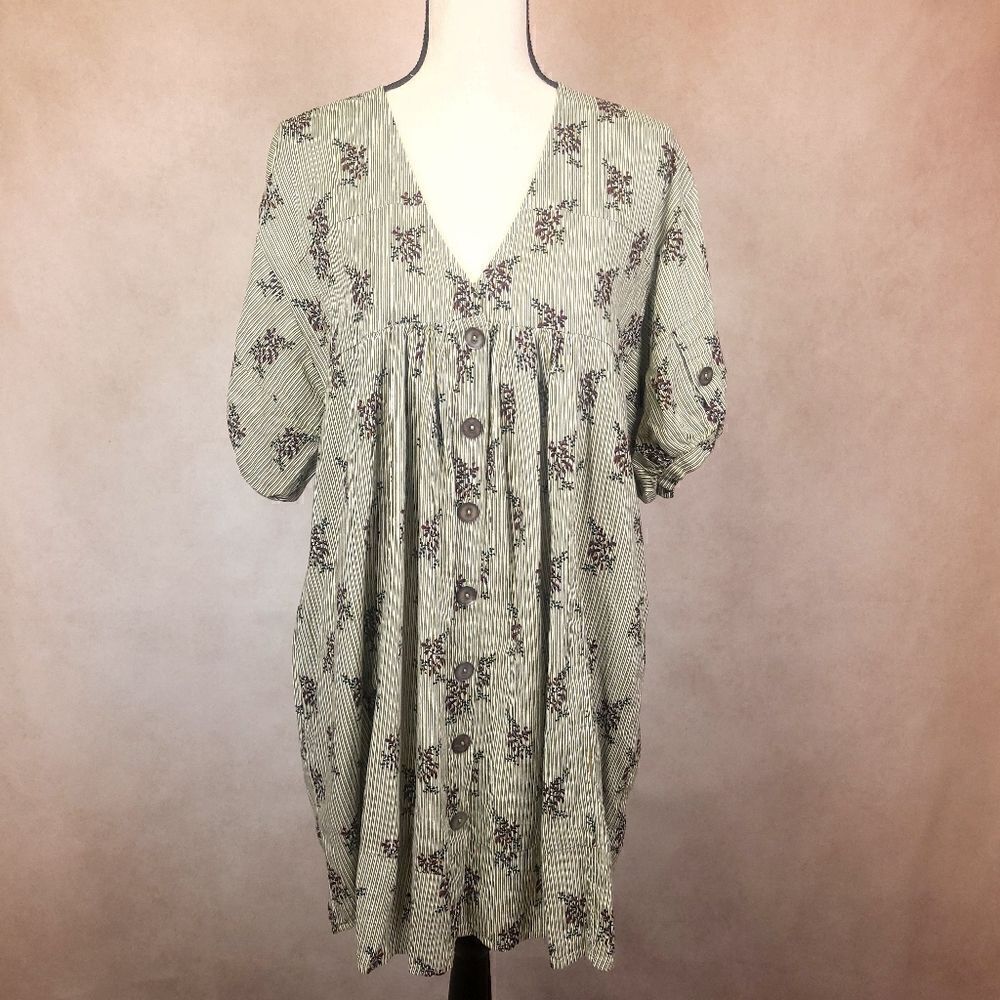 Olivaceous Oversized Boho Balloon Sleeve Floral Dress Button Down Small